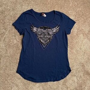 BLUE HARLEY DAVIDSON OPEN NECK GRAPHIC TEE